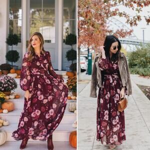 Gal Meets Glam Womens Dress Size 0 Georgia Floral Chiffon Long Sleeve Maxi